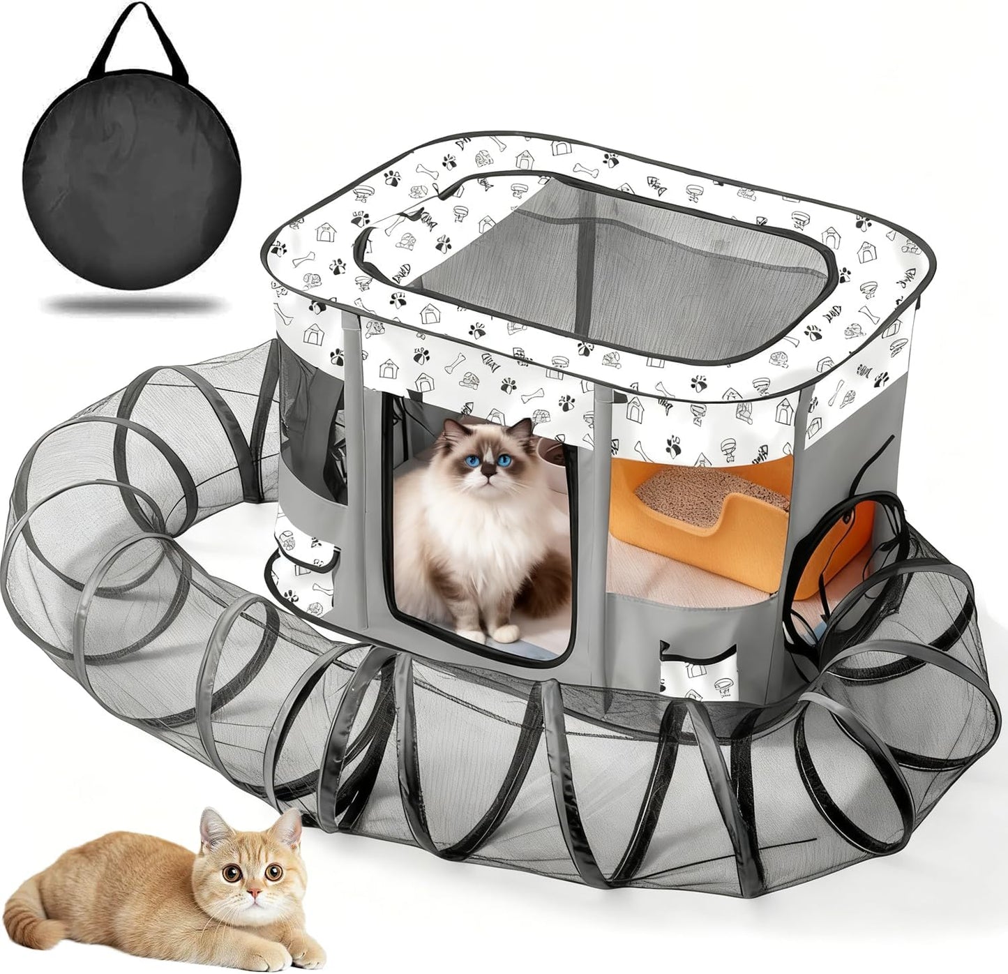 Outdoor Cat Enclosure with Surround Tunnel, Outdoor Pet Playpen Enclosed, Portable Catio Cat Tent with Tunnel for Indoor Cats Small Animals and Puppy, Portable Tent with Carry Bag
