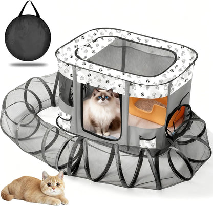Outdoor Cat Enclosure with Surround Tunnel, Outdoor Pet Playpen Enclosed, Portable Catio Cat Tent with Tunnel for Indoor Cats Small Animals and Puppy, Portable Tent with Carry Bag