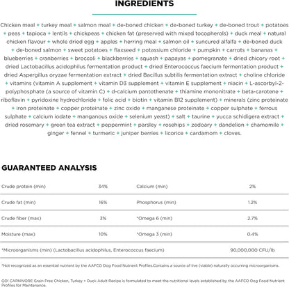 Go! Solutions Carnivore, Grain-Free, Protein Rich Dry Dog Food, Chicken, Turkey and Duck Adult Recipe, 22 lb Bag