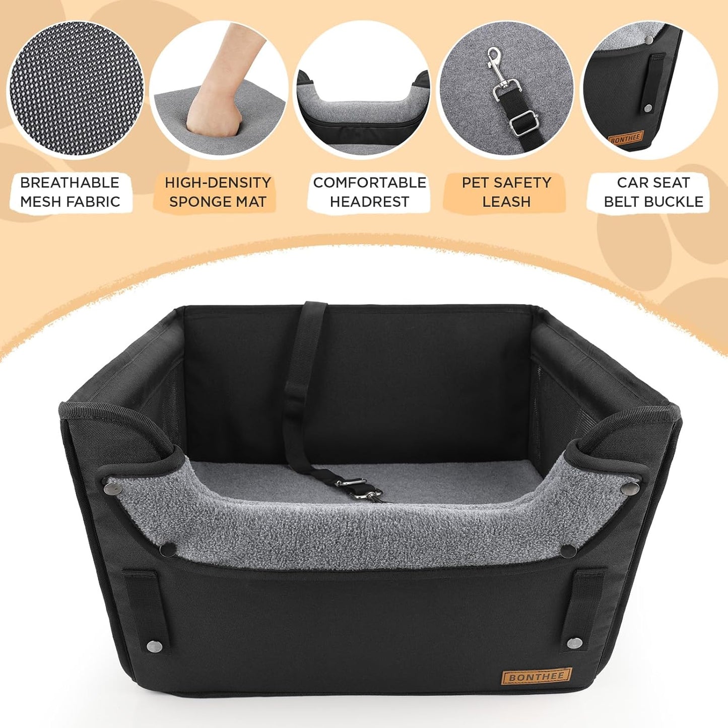 Elevated Dog Car Booster Seat for Dogs & Cats up to 35LB, 6-Inch Memory Foam Pet Booster Seat, Side Breathable Mesh,Portable Travel-Safe Bed for Cars,Elevated Car Seat for Small Medium Dogs