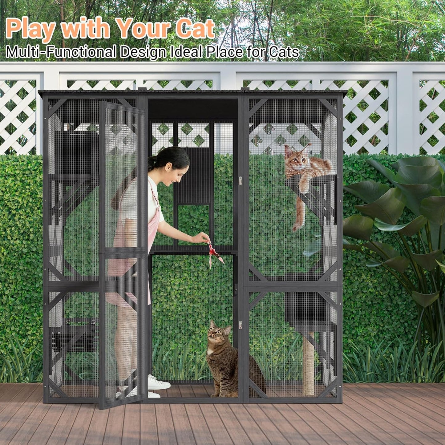 70'' Outdoor Cat Enclosure, Large Walk-in Catio Outdoor Cat Enclosure with Window, 4 Jumping Platforms & 2 Resting Box, Wooden Cat House Indoor with Scratching Post & Hammock, UV Resistant