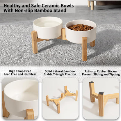 Ceramic Dog Bowl Set for Medium Dogs - Colorful Slow Feeder & Double Water Bowls with Bamboo Stand - Anti-Gulping Food and Water Dish Combo