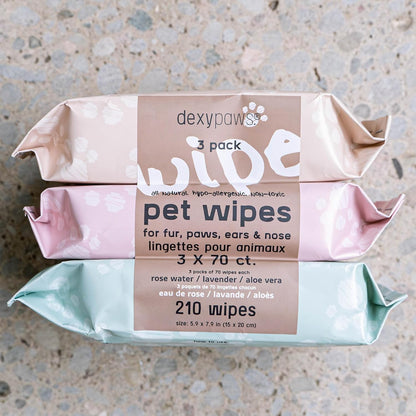 Pet Cleansing Wipes - 3 Packs (70ct Each) - Aloe-Lavender-Rose Water - Wet Wipes for Dogs & Cats, Fur-Paws-Face, Natural Pet Safe Grooming