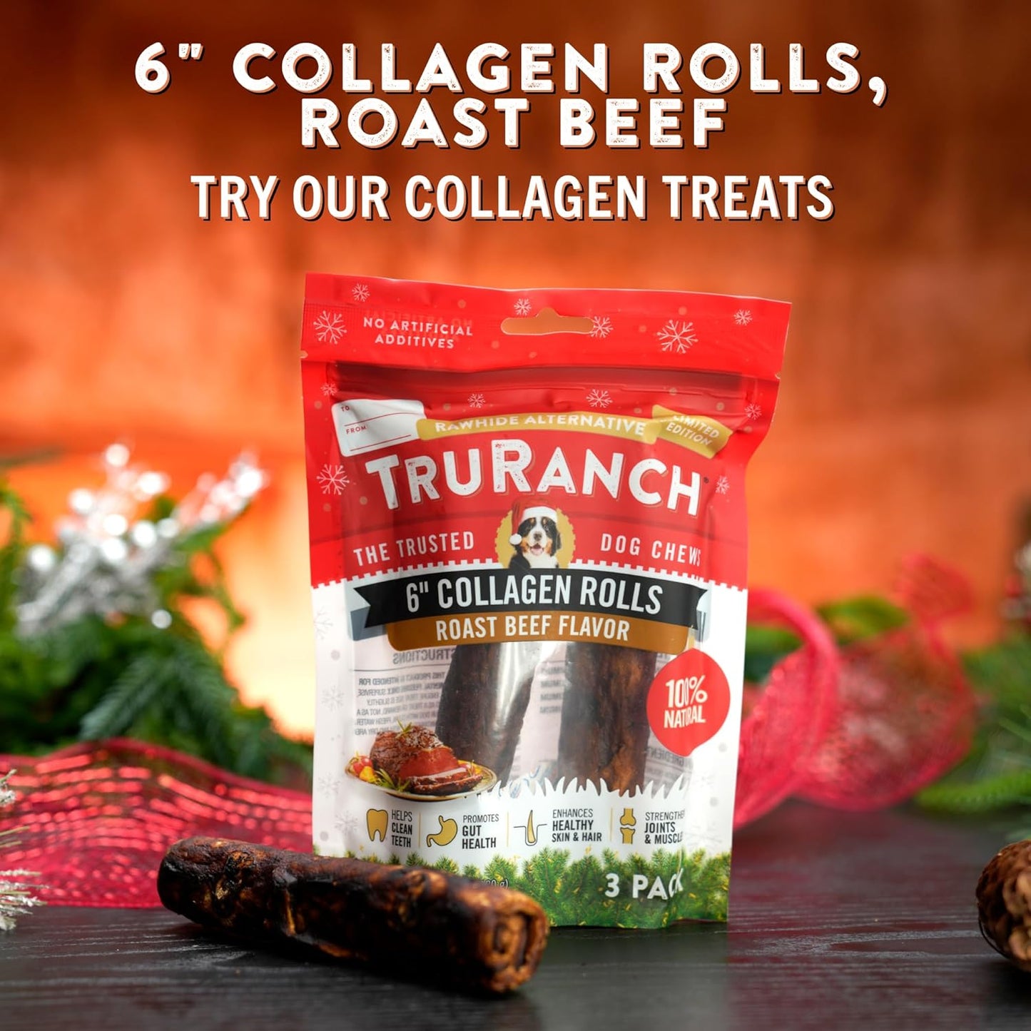 TRURANCH 6" Collagen Rolls, Roast Beef, 1 Bag, 3 Count, Holiday Limited Edition, Stocking Stuffer All-Natural Hydrolyzed Collagen, Rawhide Free, for Small, Medium and Large Dogs