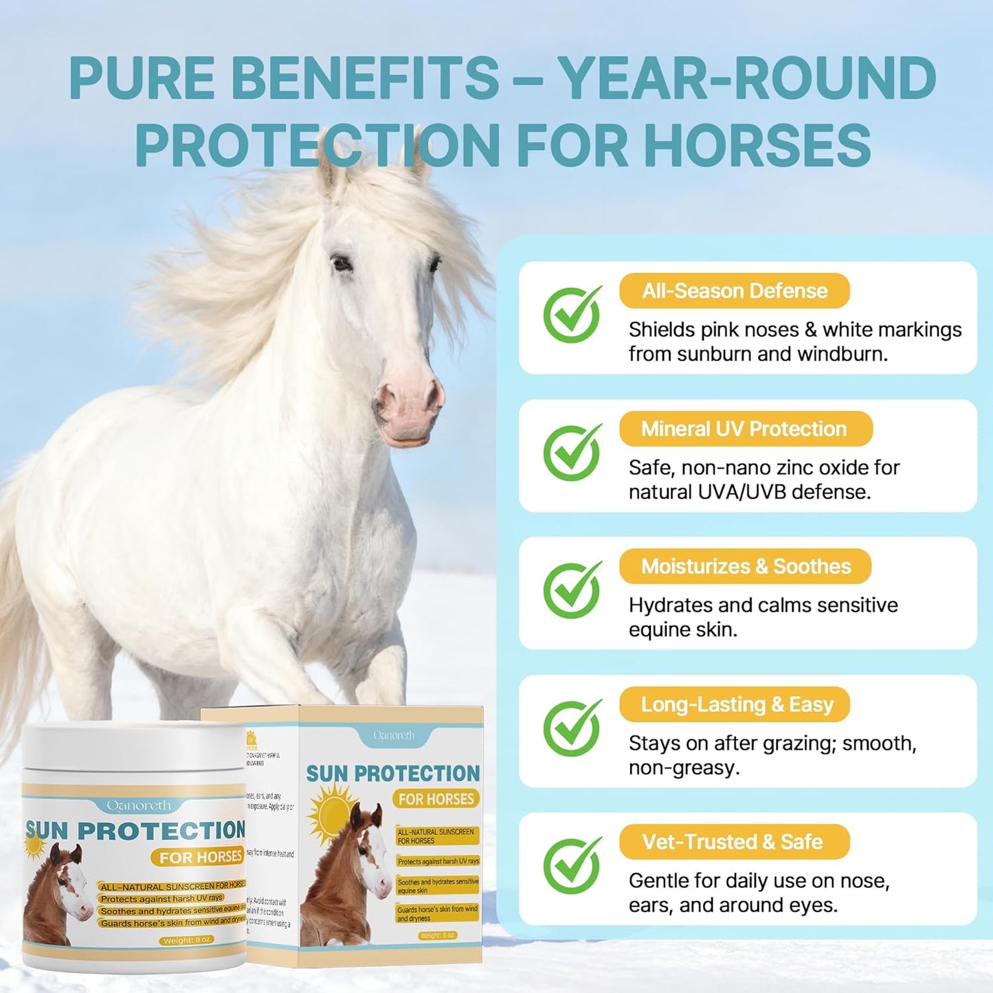 Horse Sunscreen for Nose & Sensitive Pink Skin – Natural Sunscreen for Horses with Non-Nano Zinc Oxide – Protects Against Sunburn, Windburn & Dryness – Safe, Long-Lasting Sunblock for All Seasons,8 oz