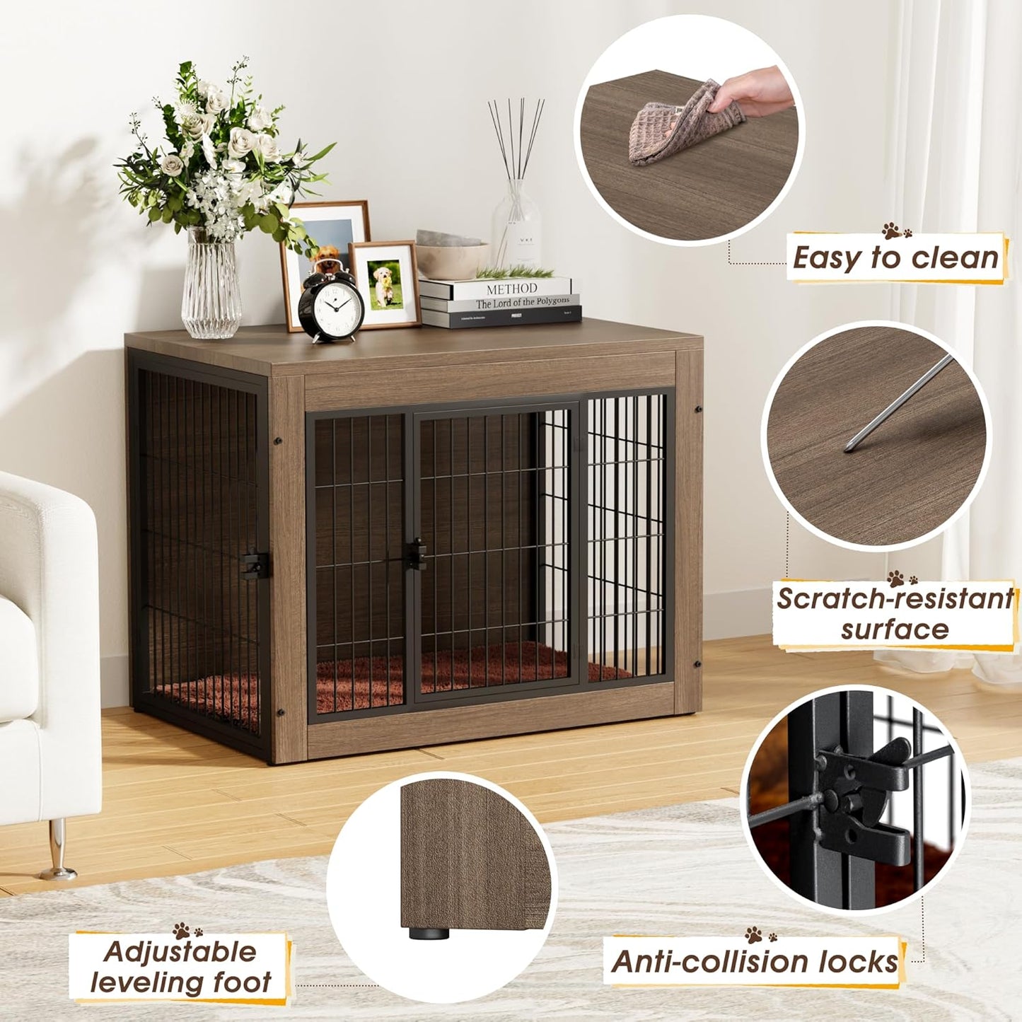 Greesum Modern Dog Crate Furniture That Doubles as a Side Table - Sturdy Wooden Kennel with Front & Side Door Access, Plush Cushion & Chew-Resistant Design for All Dog Sizes