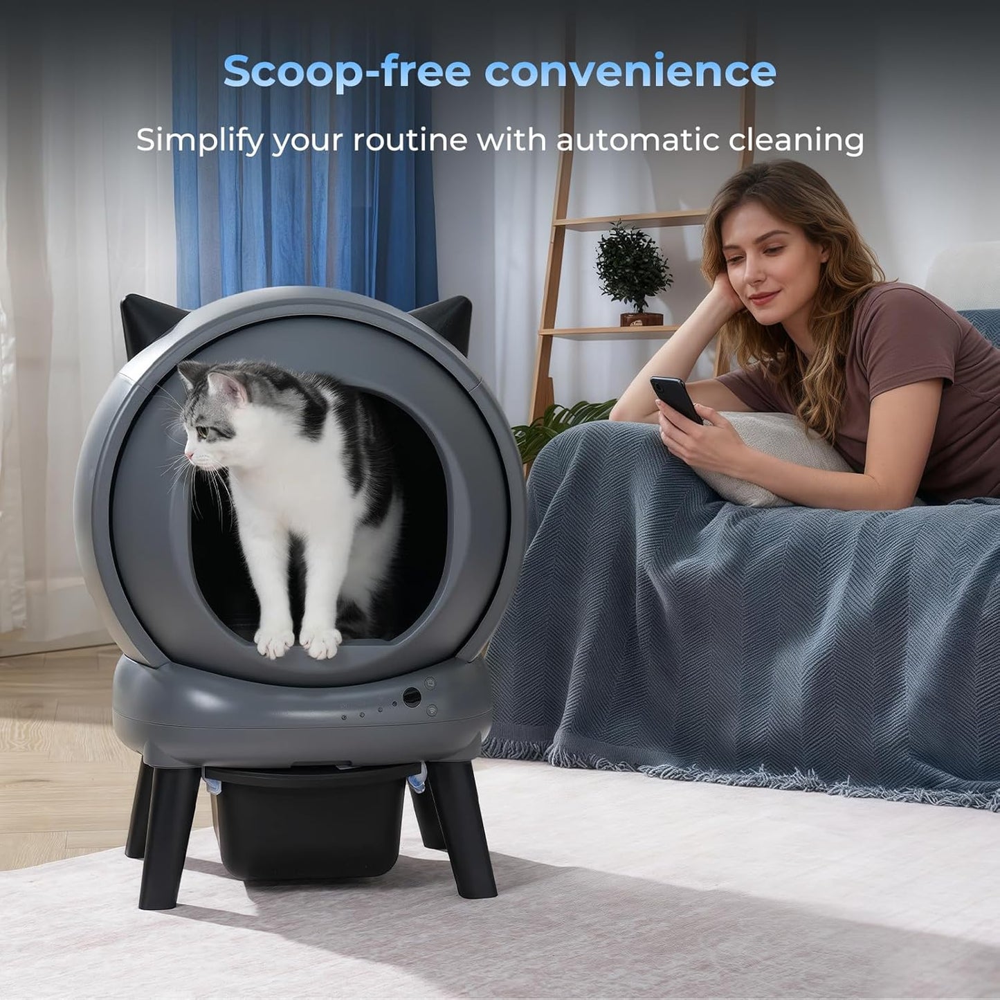 Self Cleaning Litter Box for Cats, Automatic Cat Litter Box with Smart APP Control and Health Monitoring, Includes 2 Roll Trash Bag and Litter Mat, Grey