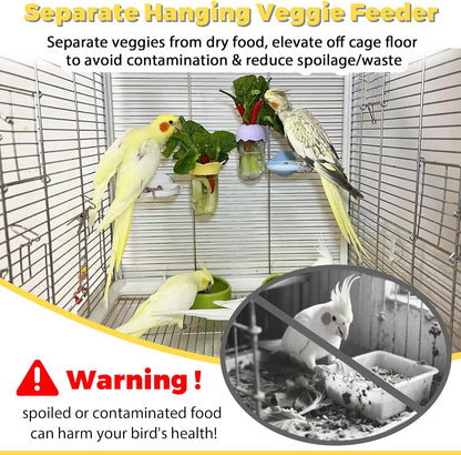 Stainless Steel Bird Perches & Feeder Set (2PCS) - Open-Grid Easy-Clean Perches with No-Spill Veggie Holders for Cockatiel, Conure, Budgie, Quaker