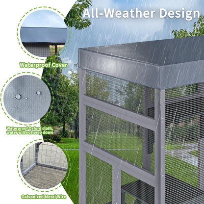 Outdoor Cat House Big Catio Wooden Cat Shelter Enclosure with Platforms,Upgrade Waterproof Cover,Rust-Proof Metal Wire,Cat Cage Playpen for Patio or Backyard,62.6",Grey