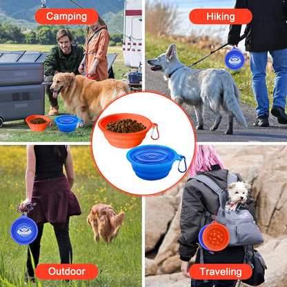 Large Collapsible Dog Bowls (34oz), 1 Pack Pet Travel Foldable Bowl and Slow Feeding Frisbee with Carabiners, Healthy, Soft Silicone, Portable Essential Set for Walking, Travel, and Hiking (Orange)