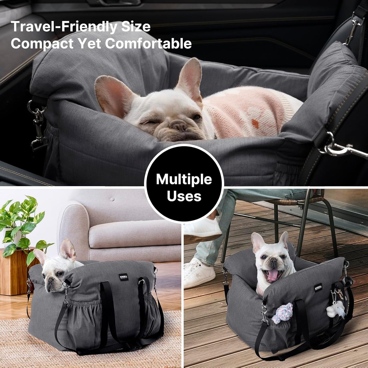 Dog Booster Car Seat for Small Dogs with Heavy Duty Safety Belt and Lock, Waterproof Detachable Dog Travel Bed for Car with Storage Pocket Up to 25lbs, Memory Foam Filling for Max Support