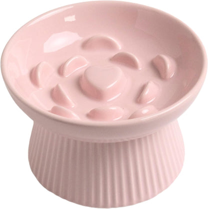 Ceramic Slow Feeder Cat Bowl, Raised Puzzle Feeder, Anti Vomiting Cat Slow Feeder, Elevated Food Bowl, Whisker Friendly Cat Bowl (Pink)