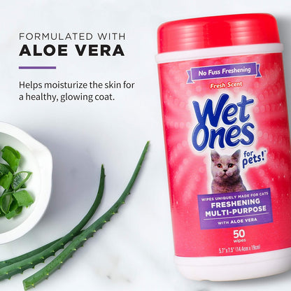 Wet Ones for Pets Freshening Multipurpose Wipes for Cats with Aloe Vera, Fresh Scent - Easy to Use Cat Cleaning Wipes for Pet Grooming in Canister, 50 Count