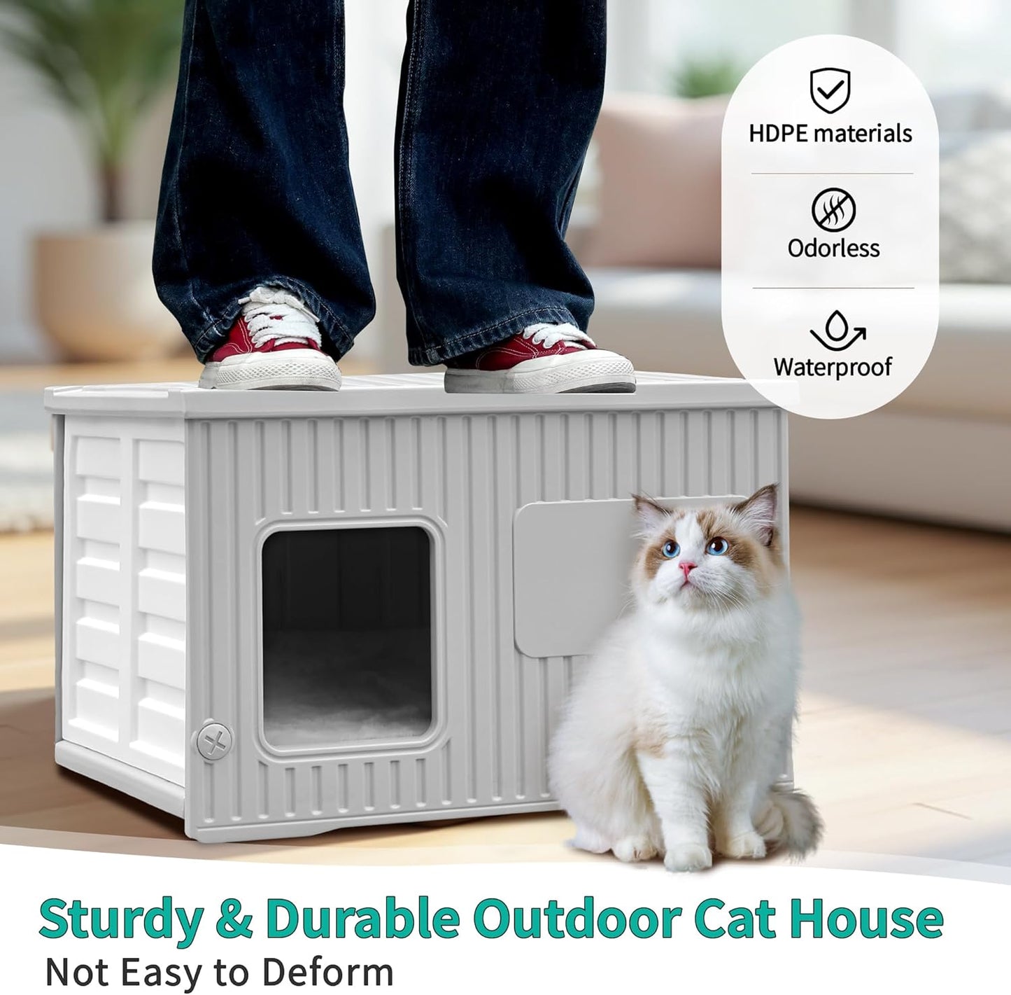 Plastic Cat House Outdoor & Indoor, Feral Cat Houses with Mat, Waterproof Outdoor Cat House for Feral Cats, Outside Cat Shelter for Small Pet, Assemble and Clean Easily