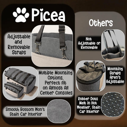 Center Console Dog Car Seat | 11 lbs MAX | Safety Straps & Leash | Comfortable Foam and Plush Pillows | Adjustable Mount Design | Large Storage Pockets | Perfect for Small Pets & Cats (Grey)