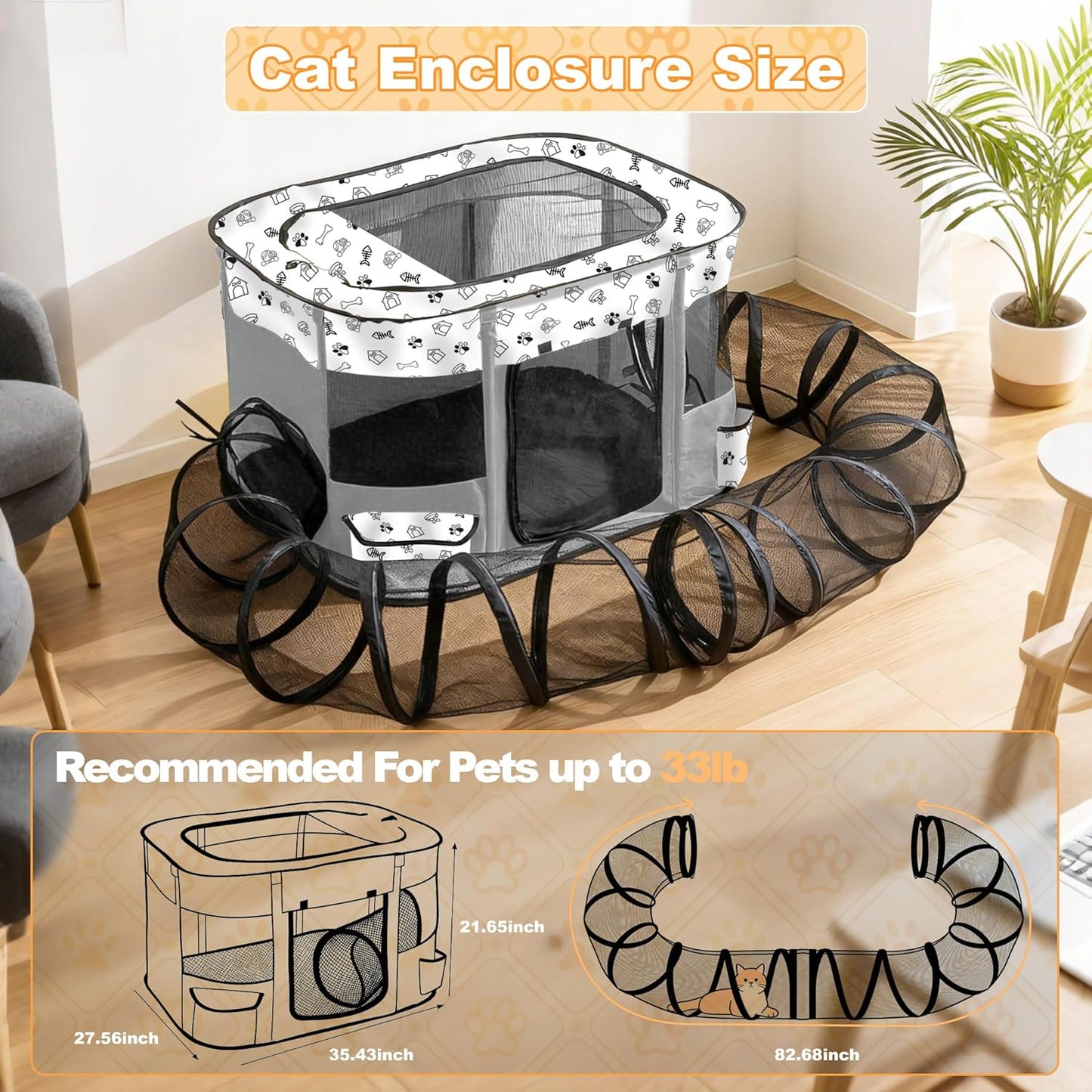 Outdoor Cat Enclosure with Surround Tunnel, Outdoor Pet Playpen Enclosed, Portable Catio Cat Tent with Tunnel for Indoor Cats Small Animals and Puppy, Portable Tent with Carry Bag