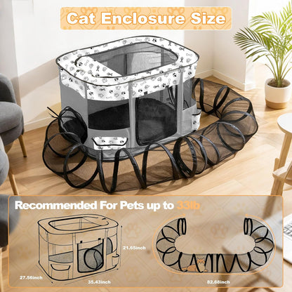Outdoor Cat Enclosure with Surround Tunnel, Outdoor Pet Playpen Enclosed, Portable Catio Cat Tent with Tunnel for Indoor Cats Small Animals and Puppy, Portable Tent with Carry Bag