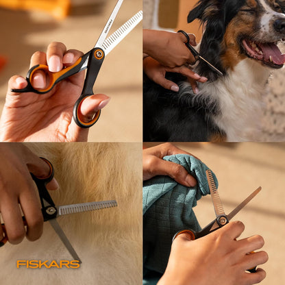 Fiskars Pet Blending Scissors, Dog and Cat Grooming Scissors, Serrated Teeth for Thinning & SoftGrip Handle, Cat and Dog Supplies, 6.5”, Orange/Black