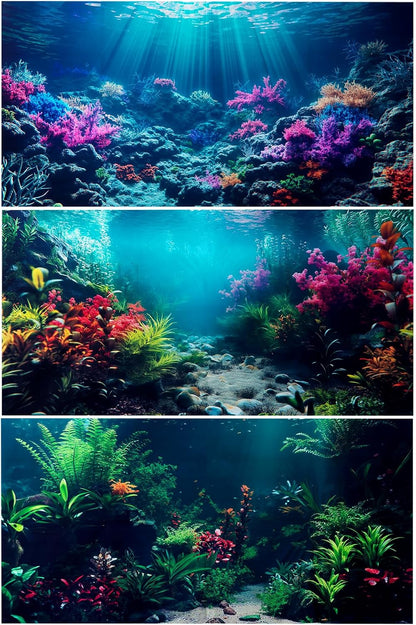 COMSUN 3 Pack Aquarium Background, 36x18 inches Polyester Aquarium Background, Cloth Fish Tank Background, Undersea Corals Sunshines & Rock Aquatic Plants