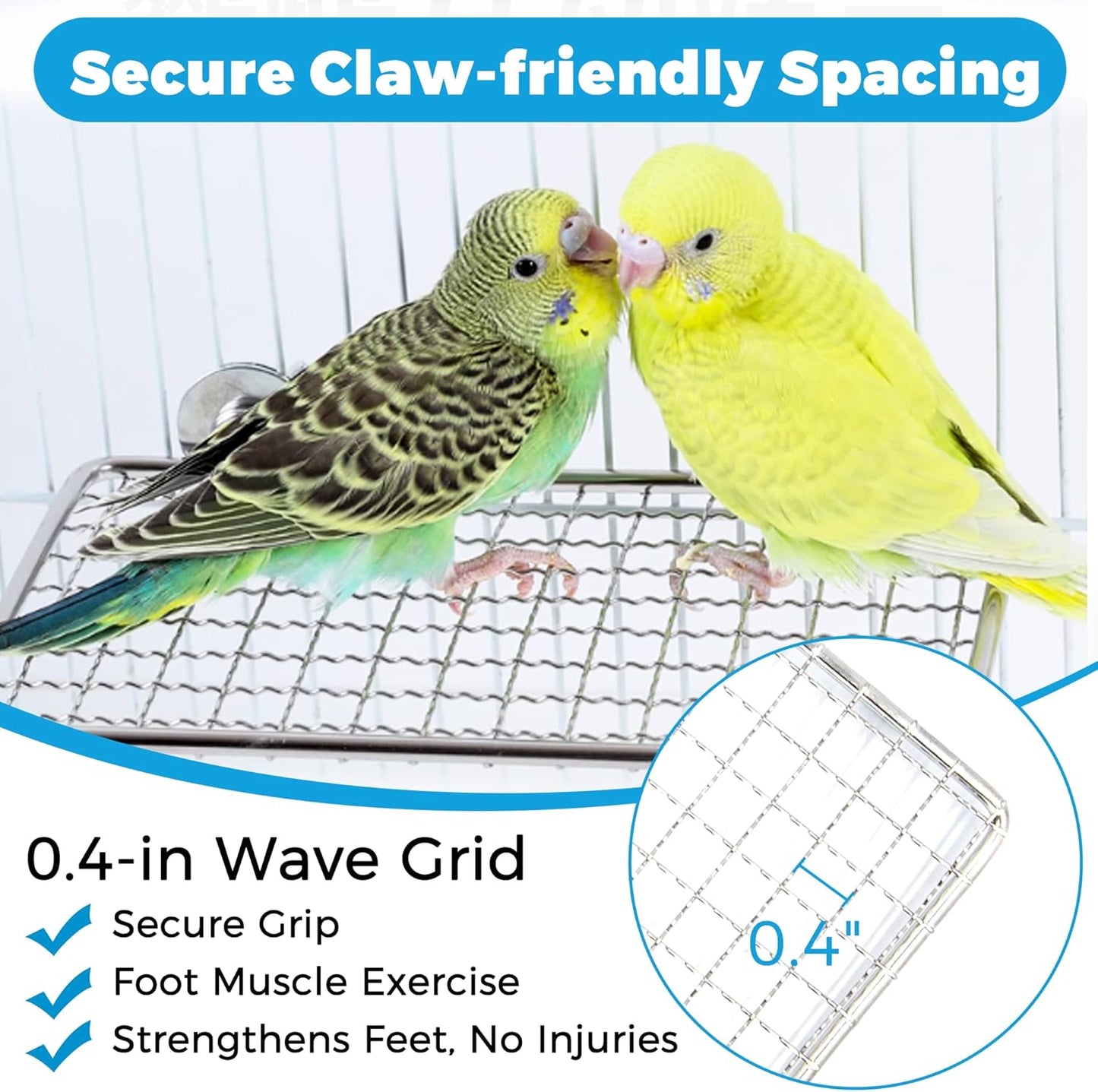 Stainless Steel Bird Perches & Feeder Set (2PCS) - Open-Grid Easy-Clean Perches with No-Spill Veggie Holders for Cockatiel, Conure, Budgie, Quaker