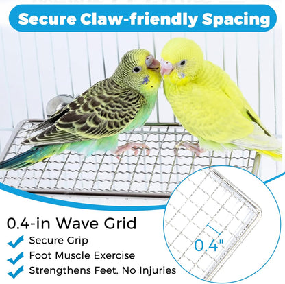 Stainless Steel Bird Perches & Feeder Set (2PCS) - Open-Grid Easy-Clean Perches with No-Spill Veggie Holders for Cockatiel, Conure, Budgie, Quaker