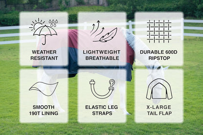 Waterproof Horse Rain Sheet | Horse Turnout Sheets | 600 Denier Ripstop Turnout Blanket | Breathable Lightweight No Fill (0g) | Tear-Resistant Outer & Rub-Free Silky Inner