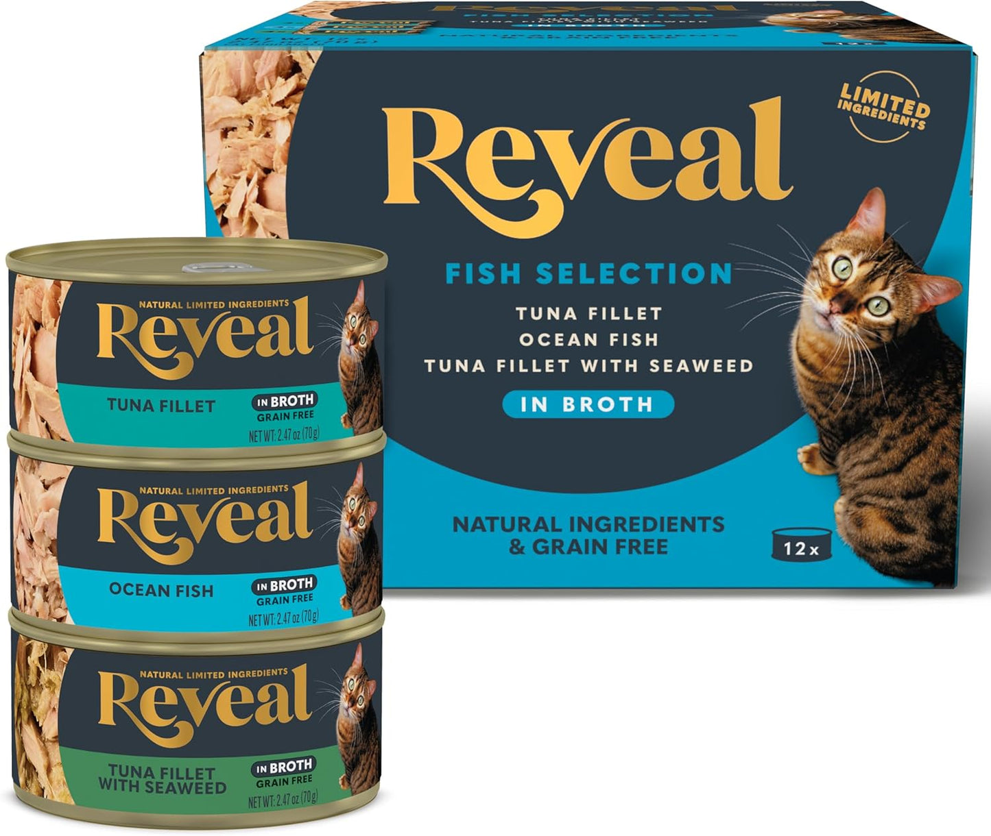 Reveal Natural Wet Canned Cat Food, Limited Ingredient, Grain-Free, High Protein with No Artificial Additives, Fish Variety in Broth (12 x 2.47 oz Cans)
