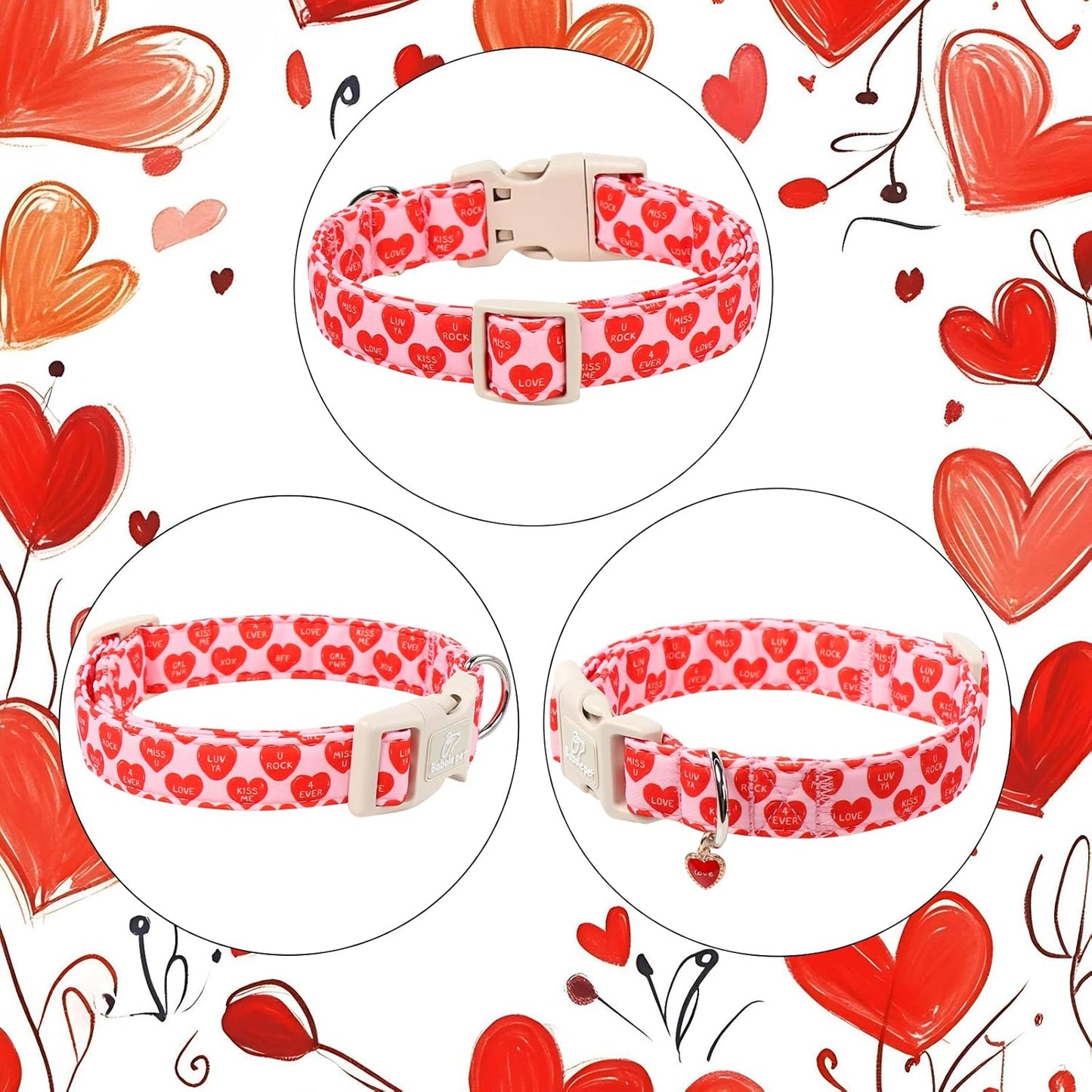 Valentines Dog Collar for Small Dogs - Red Love Valentine Dog Collar, Romantic Sweetheart Text Print, Lightweight Adjustable Boy Girl Dogs Collars with Quick-Release Buckle XS