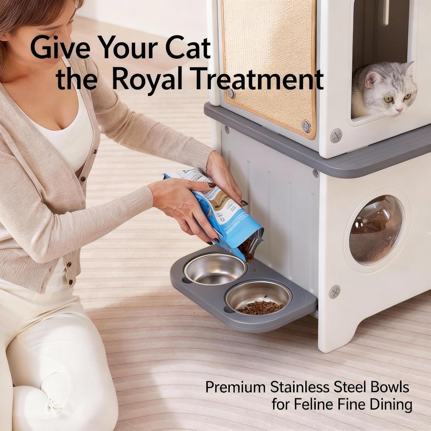 Weatherproof Outdoor Cat House Insulated for Feral Multi Cat, 2 Storey Plastic Elevated Cat Shelter with Escape Door, Scratching Post, Stainless Steel Bowl, Grey 35" D x 15" W x 20" H