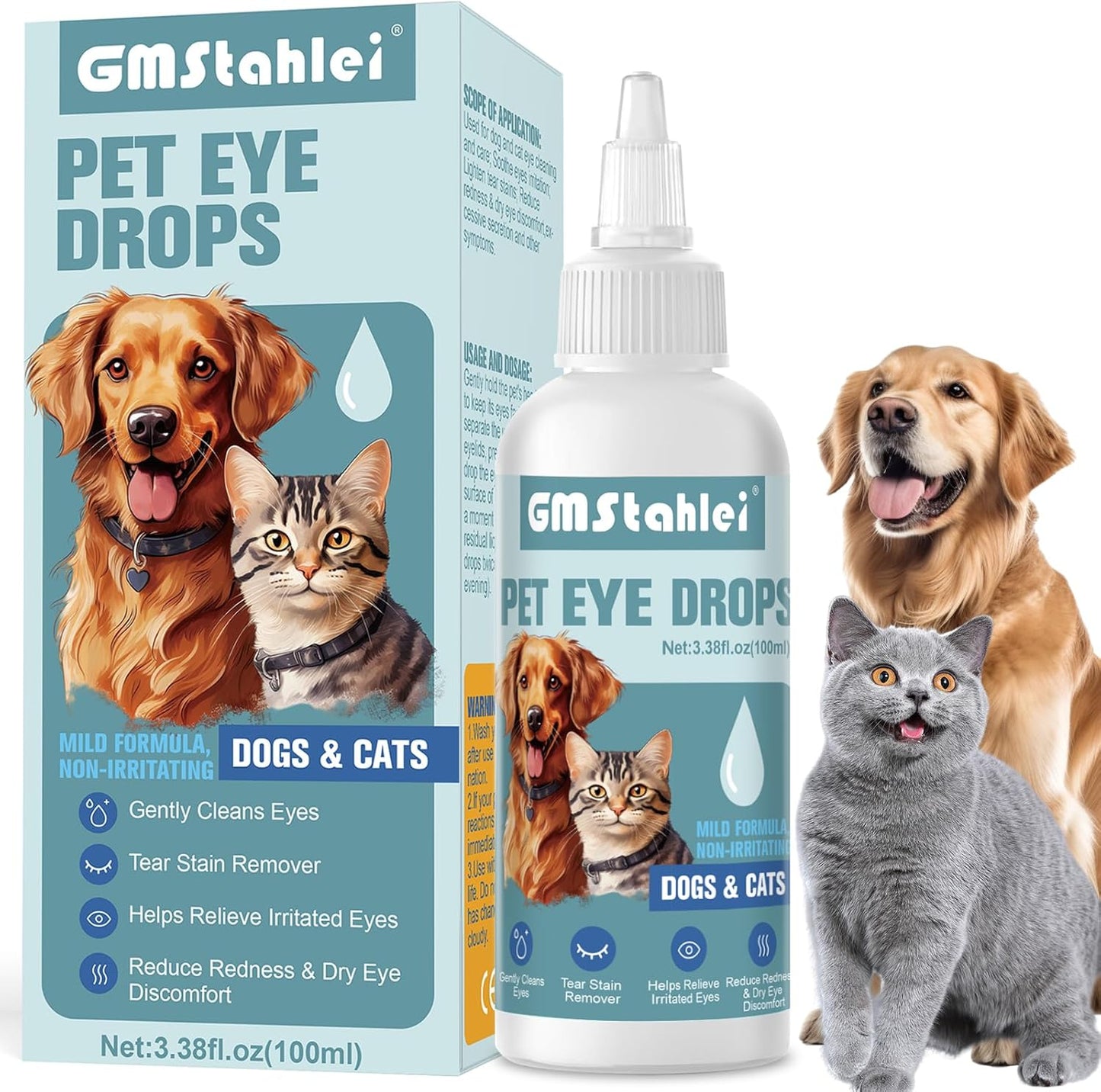 Pet Eye Drops for Dogs & Cats – Soothe Eye Infections,Allergies, Relieve Dogs Cats Dry Eyes Pink Eyes,Eye Wash for Pet Cleaning,Tear Stain Remover,Safe & Gentle Formula for All Animals (100ML)