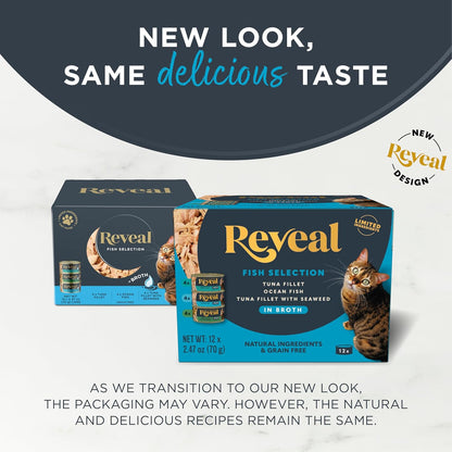 Reveal Natural Wet Canned Cat Food, Limited Ingredient, Grain-Free, High Protein with No Artificial Additives, Fish Variety in Broth (12 x 2.47 oz Cans)