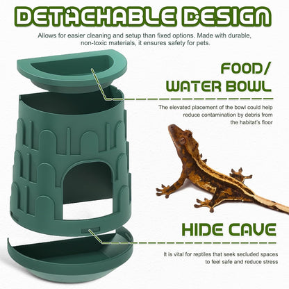 Wall Mount Reptile Hide Cave with Food Bowl for Terrarium Habitat Setup, Cute Hide with Treats Bowl, Essential and Safe Hideout for Gecko, Spider, Lizard, Hamster, Crab