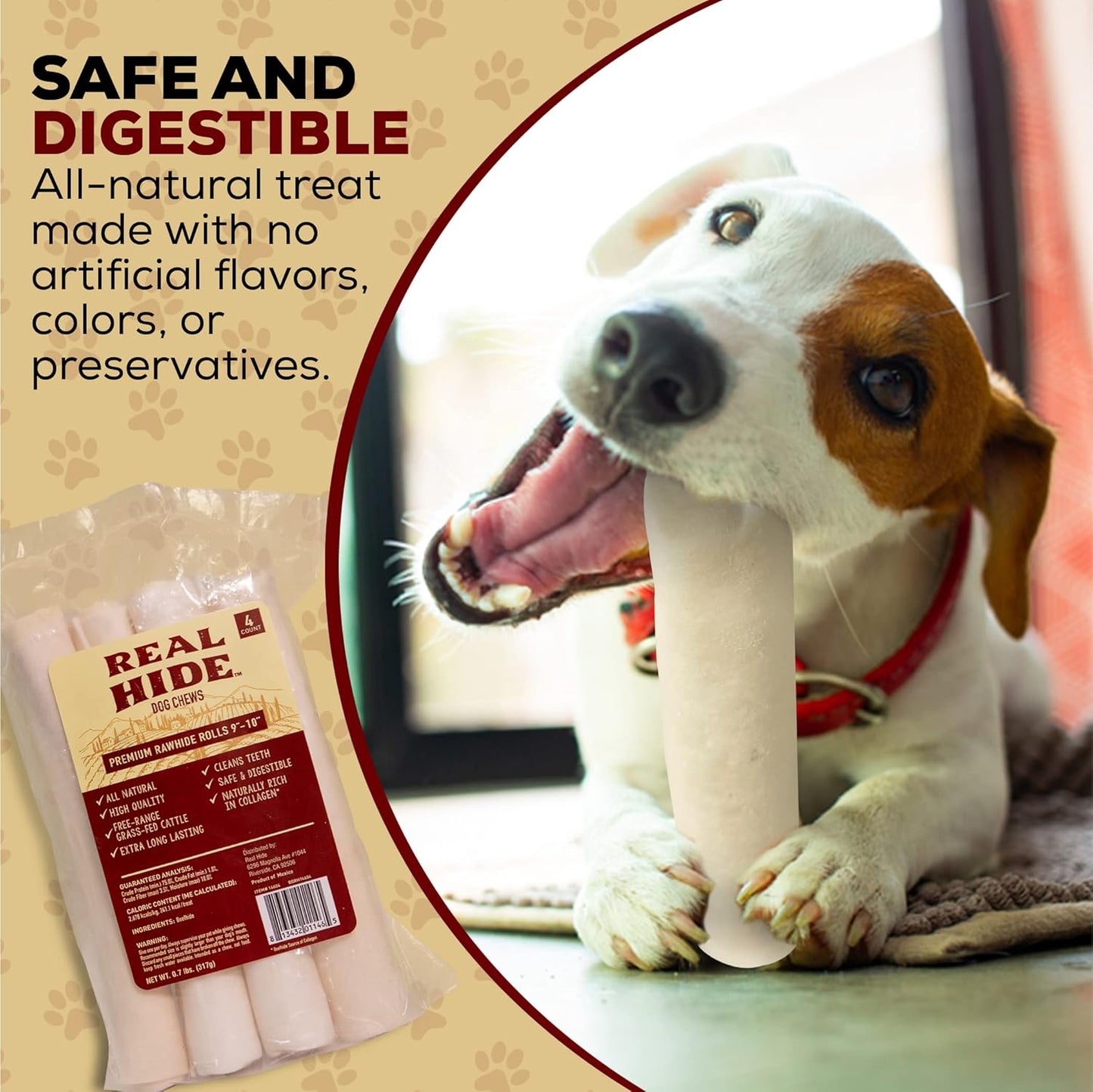 | All Natural Dog Chew Treats - Premium Rawhide Rolls, 9-10 Inch - Long Lasting Grass Fed Free Range Beef Hide - Medium/Large Dogs - 4 Count