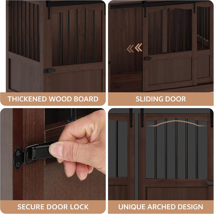 70.86" Double Dog Crate Furniture with Storage for 2 Medium Large Dogs Farmhouse Wooden Dog Kennel Furniture with 2 Sliding Doors Divider & Power Outlets Decorative Dog Cage TV Stand, Brown