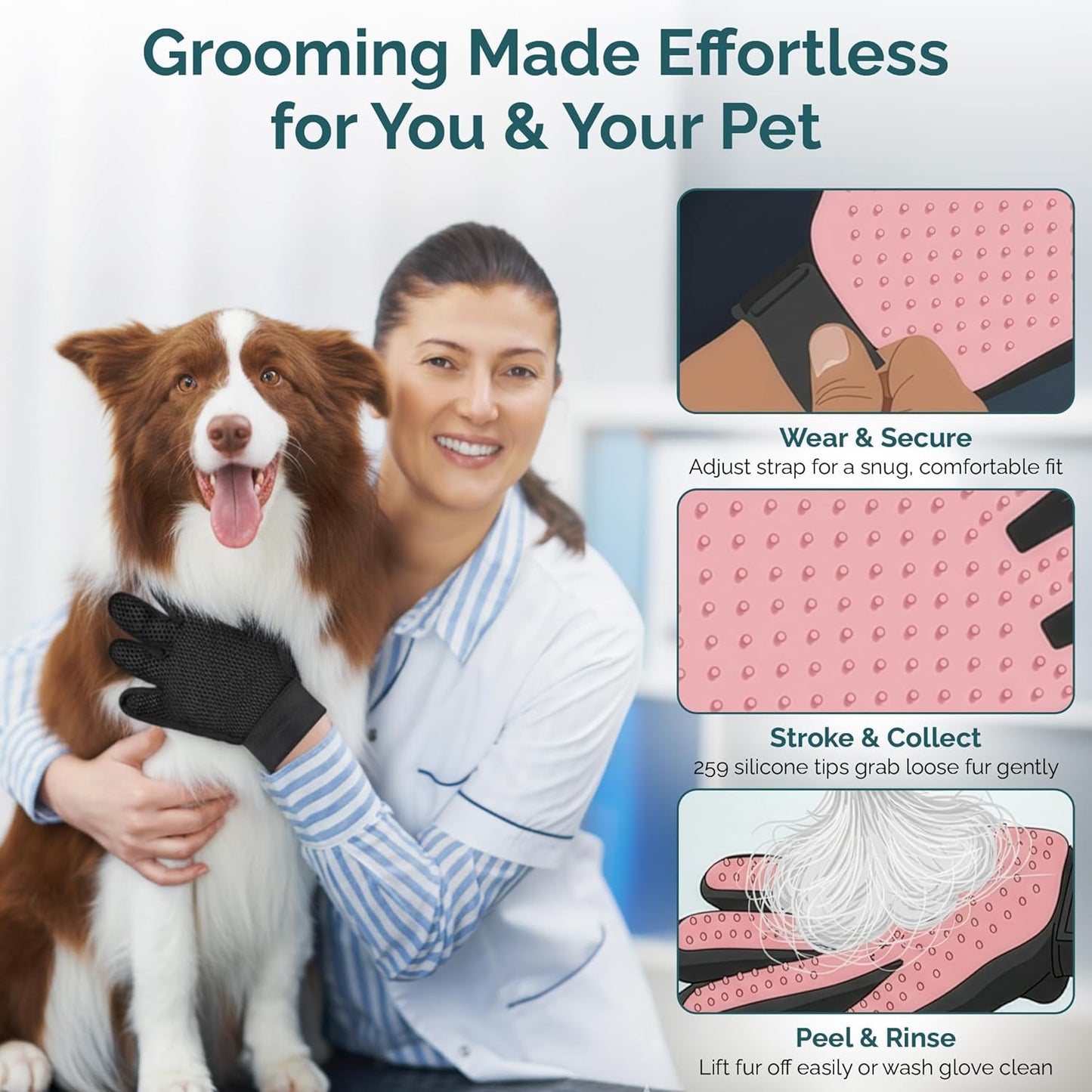 Pet Grooming Gloves for Dogs & Cats – Premium 259-Tip Deshedding & Massage Mitts, Easy-Peel Hair Removal, Adjustable Strap, 1 Pair (Blue/Pink) (Pink)