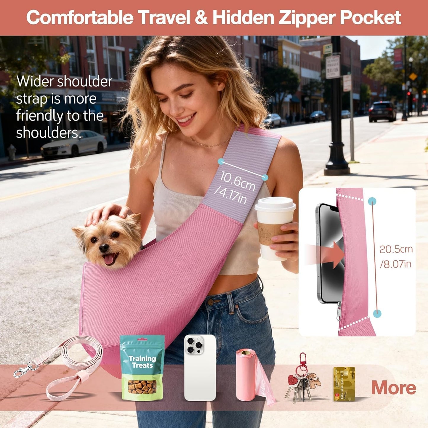 YUDODO Fashion Dog Sling Carrier for Small Dogs Lightweight Crossbody Pet Bag with Safety Strap, Pocket Storage, Machine Washable, Comfortable Travel & Outdoor Sling up to 9 lbs Pink