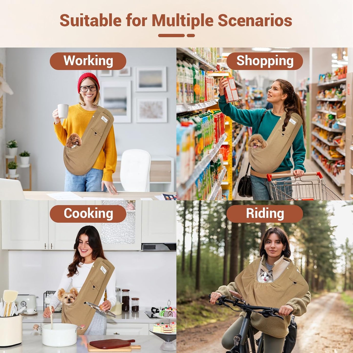 Dog Carrier Sling,Indoor Comfort Adjustable Cat Sling Carrier,with Front Pocket and Seat Belt Dog Carriers for Small Dogs Machine Washable,Suitable for Family Outdoor Use (Medium, Khaki)