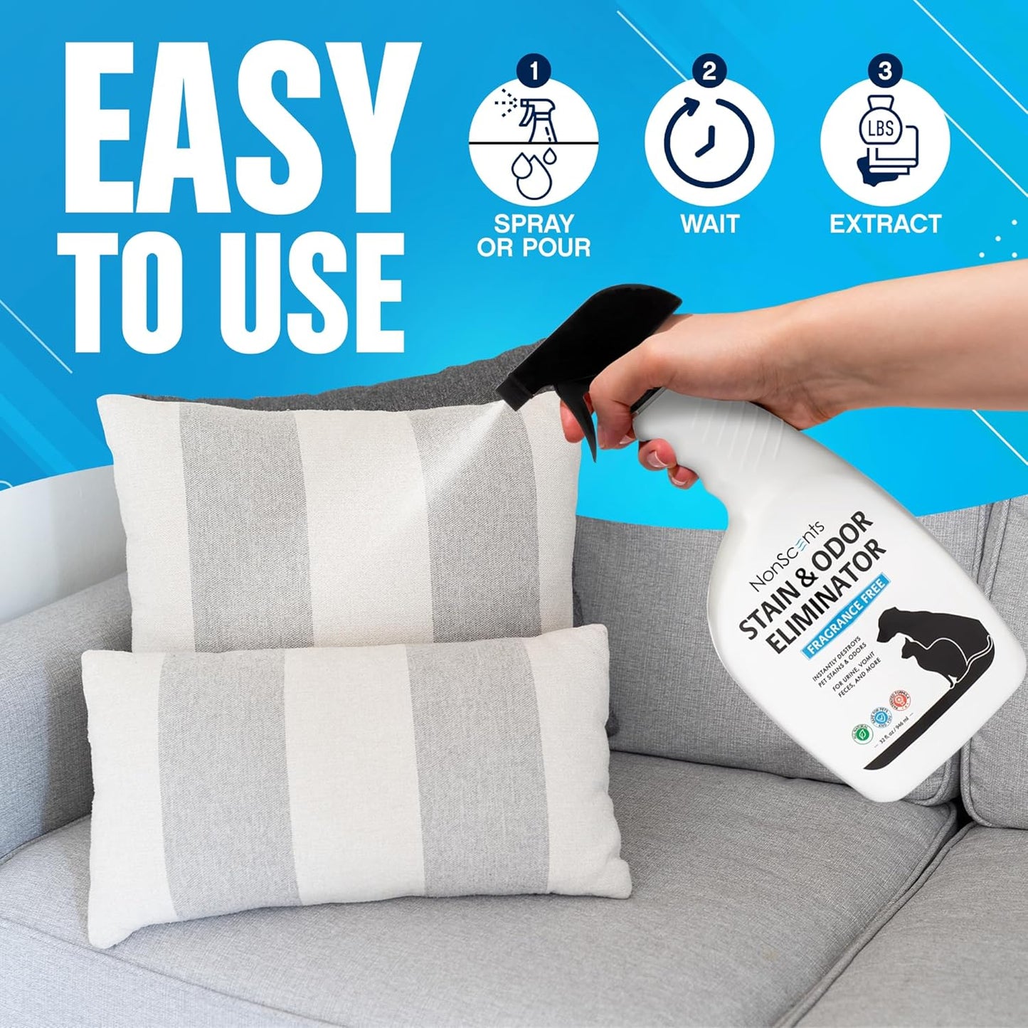 NonScents Stain & Odor Eliminator Spray for Strong Odor - 32 oz - Pet Odor Eliminator for Home - Carpet Stain Remover for Cats and Dog Pee - Cat Urine Destroyer - Carpet Cleaner Spray (Pack of 2)