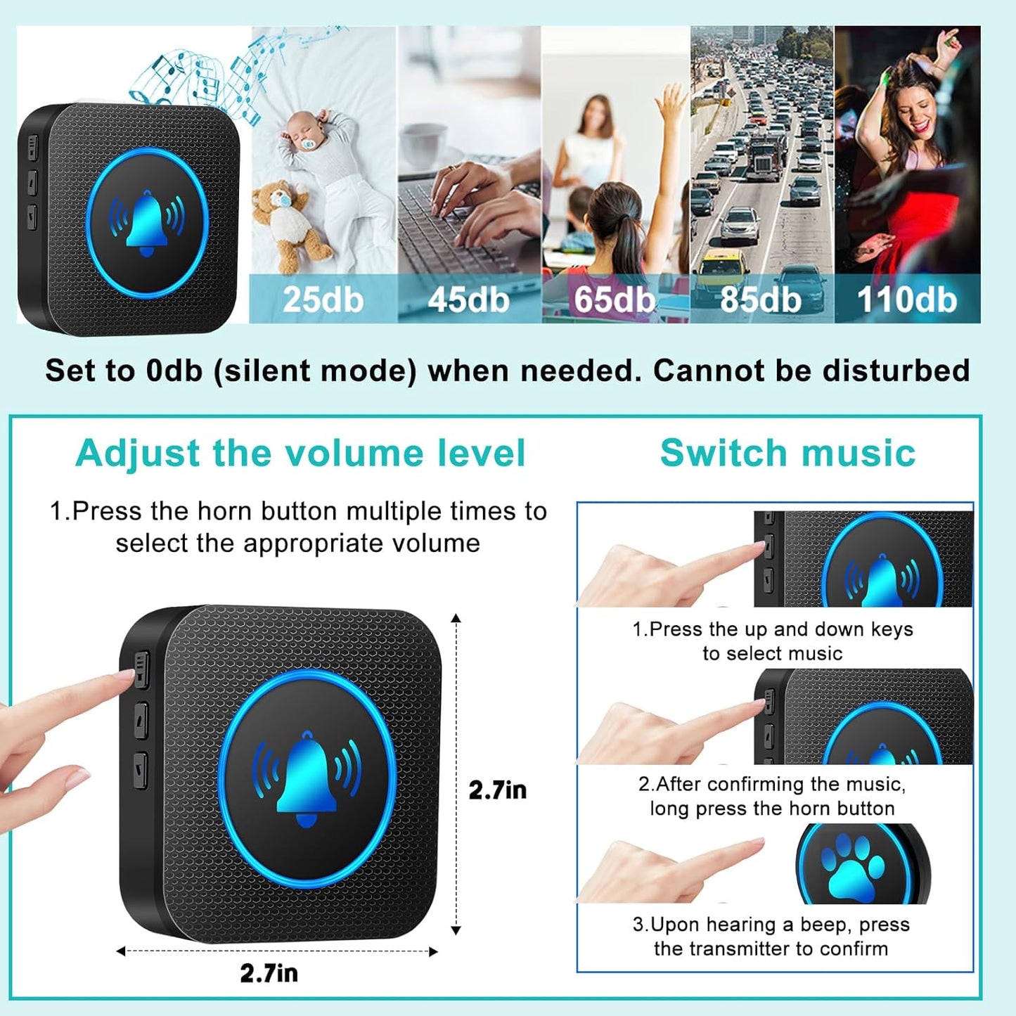 Dog Door Bell for Potty Training, Smart Wireless Doggie Doorbell to Go Outside, 1000 Feet Long Range with IP65 Waterproof Super-Light Touch Button, 60 Melodies & Adjustable Volume (2 Button)