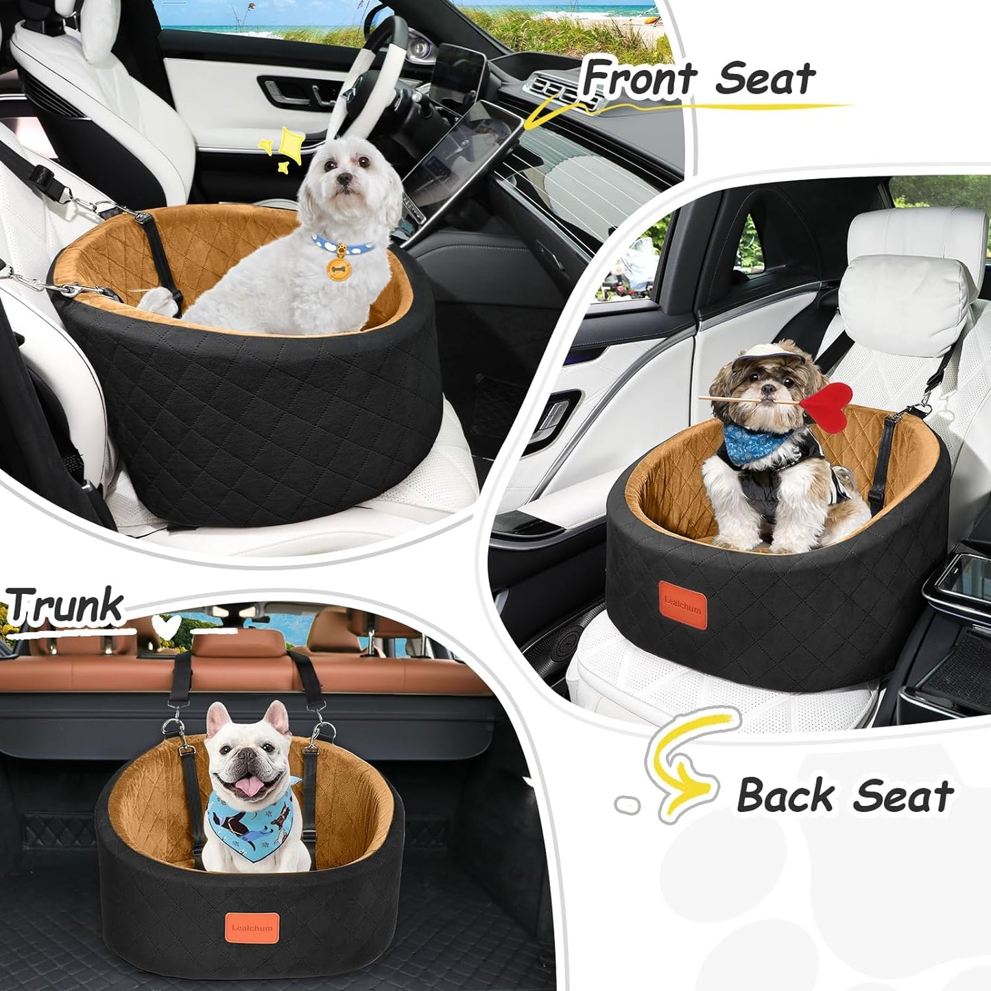 Dog Car Seat for Small Dogs Up to 30 Lbs,Ultra Soft Fabric Fill in Comfy Memory Foam,Happy Pet Ride,2 Safety Dog Leashes,Fully Detachable and Washable,Anti Slip Base(Black/Coffee)