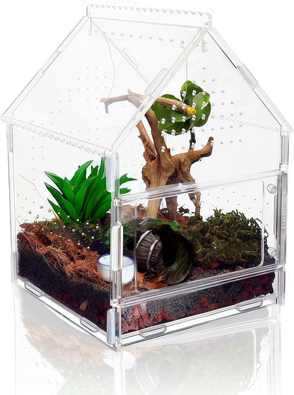 Acrylic Jumping Spider Enclosure with Magnetic Front Door - 360° View Reptile Terrarium for Tarantulas, Insects Hermit Crab - Includes Hanging Beam & Escape-Proof Ventilation (7.87x5.9x5.9 Inch)