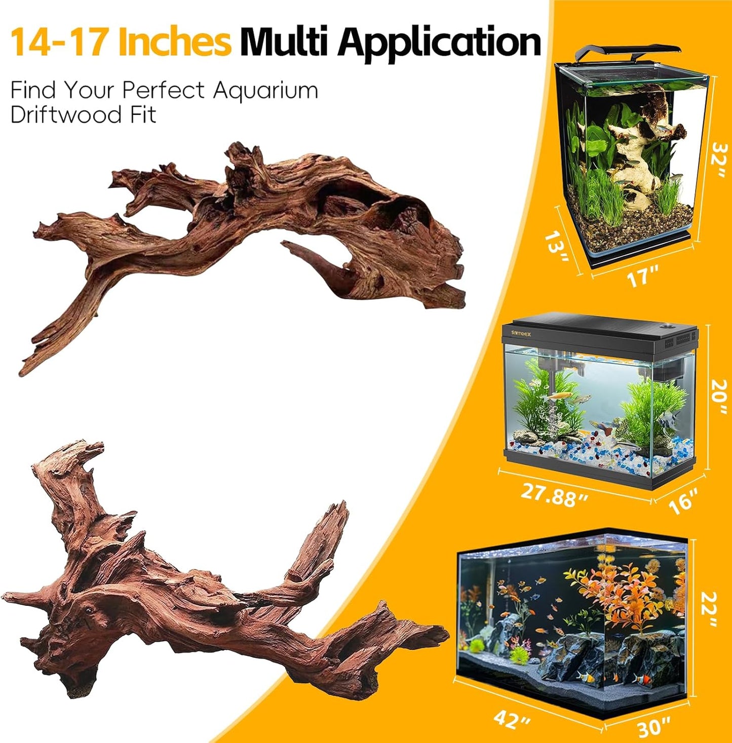 EFFIELER Natural Driftwood for Aquarium Decor – Real Wood Branches Fish Tank, Reptile Habitat, Terrarium, Hermit Crab,Aquatic Pets – Unique Size (14-17 Inch,1-Pack)