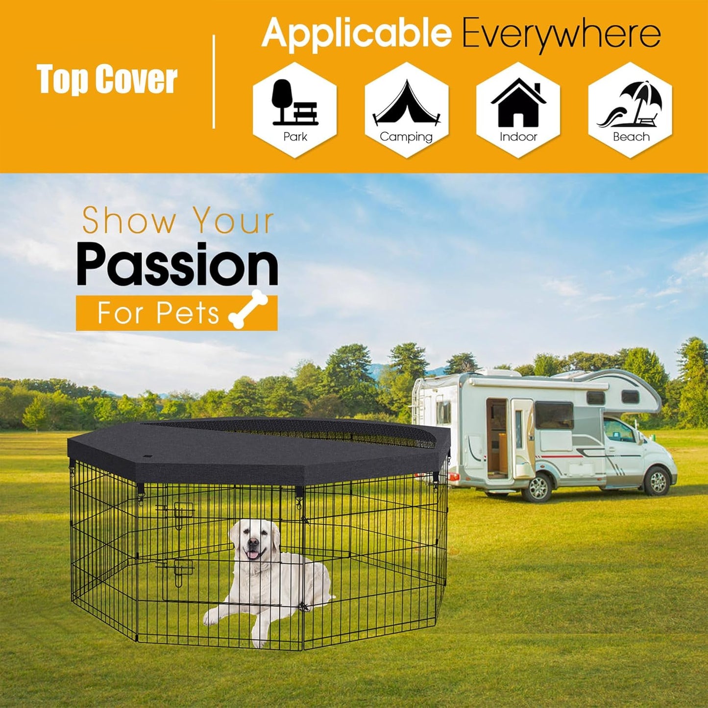Dog Pen Pet Playpen Dog Fence Pad Indoor Foldable Metal Wire Exercise Puppy Play Yard Pet Enclosure Cover Outdoor (Only Top Cover, Playpen Not Included)