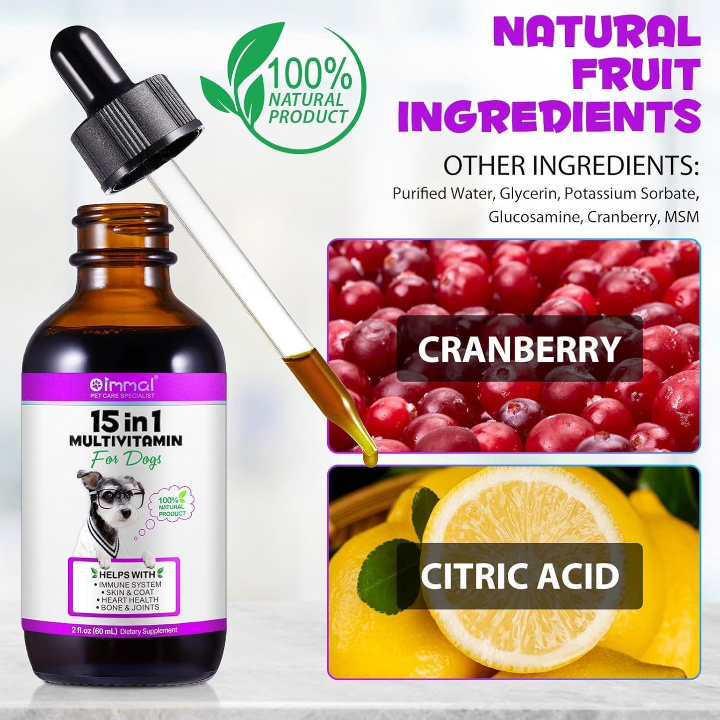 Dog Multivitamin, 15 in 1 Dog Multivitamin Liquid Drops Supplements, Dog Vitamins for Support Skin & Coat, Heart Health, Bones, Joint, Immune System Support, 60ml