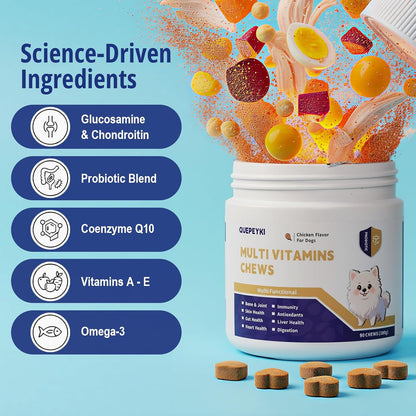 Dog Multivitamin Chewable Dog Vitamins and Supplements with MSM & Glucosamine, Omegas 3 for Gut Health Joint Support Skin & Coat Heart Health Digestion Immune System - Chicken Flavored, 90 Ct