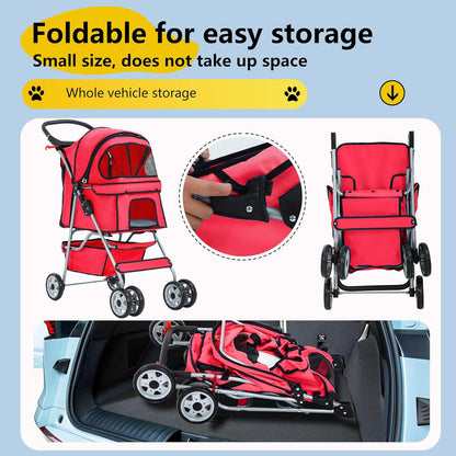 FDW Pet Stroller 4-Wheel Dog Cat Stroller Travel Folding Carrier Puppy Stroller with Cup Holder and Removable Liner for Small Medium Dogs Cats, Red