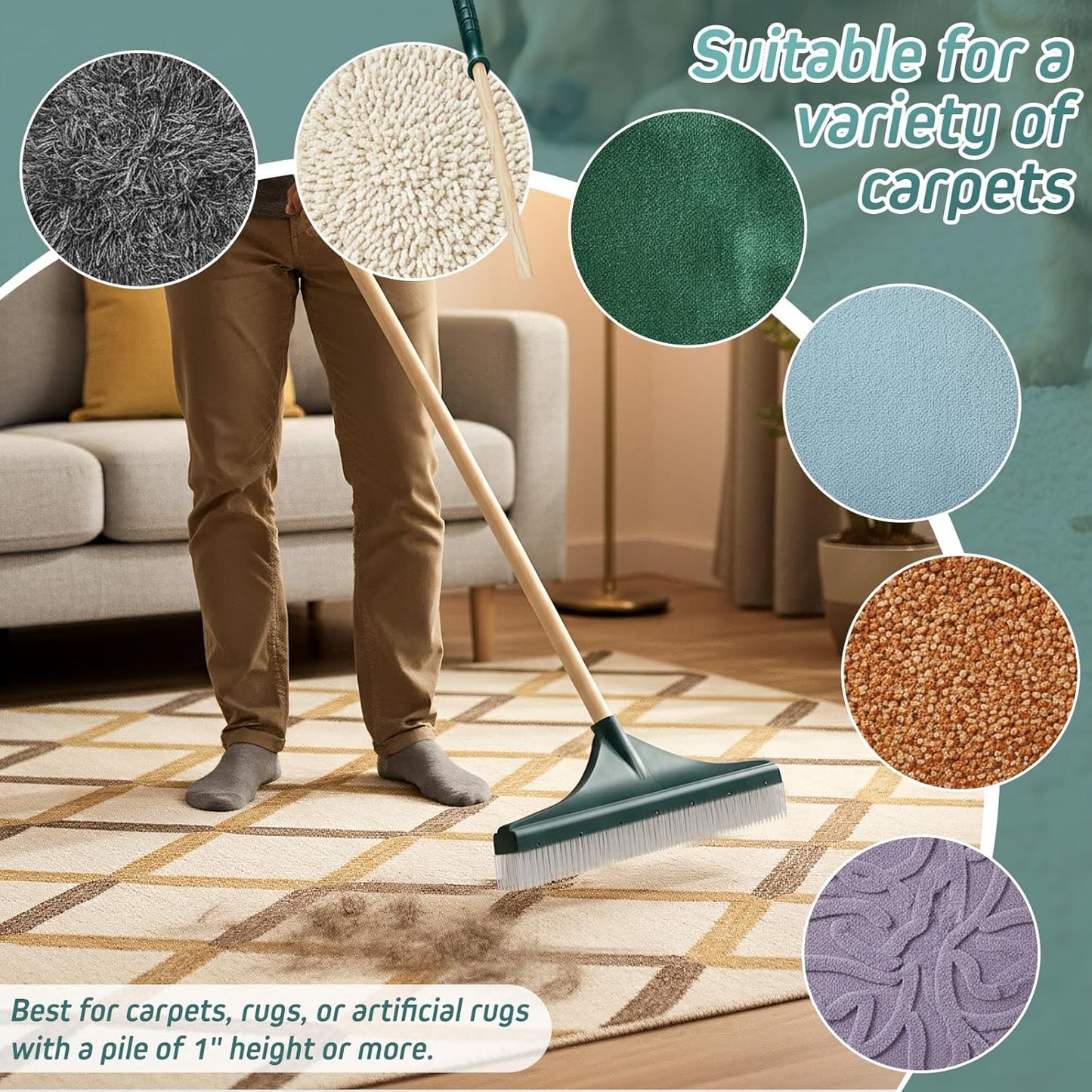 Lasnten 18'' Carpet Rake and Groomer with 54 Inch Wooden Handle, Large Carpet Brush for Fluff Matted, Remove Leaves, Shrubs, Pet Hairs, Debris from Turf