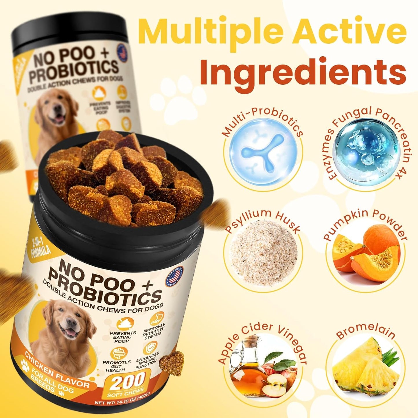 200 Chews No Poo&Probiotic Chew For Dogs-2 In 1 Control Coprophagia&Probiotics Supplement- Natural Soft Treats Deterrent Eat Poop-Digestive Enzymes with Prebiotics Support Gut Health-Chicken Flavor