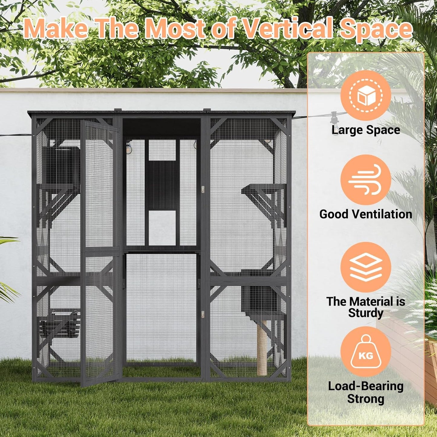 Large Outdoor Cat Enclosure, 70 Inch Window Access Catio for Cats Outdoor Patio with Waterproof Asphalt Roof, 4 Platforms, 2 Resting Box and Bridge Grey