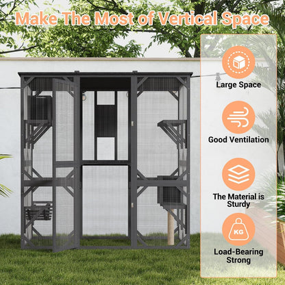 Large Outdoor Cat Enclosure, 70 Inch Window Access Catio for Cats Outdoor Patio with Waterproof Asphalt Roof, 4 Platforms, 2 Resting Box and Bridge Grey